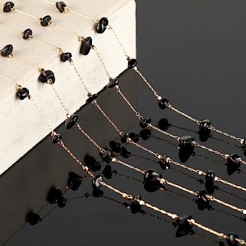 KYUNHOO 16.4 Feet Natural Stone Jewelry Chains Bulk Black Irregular Stones Chains for Necklace Anklet DIY Gold Plated Jewelry Making Supplies - color: Natural Stone-Black
