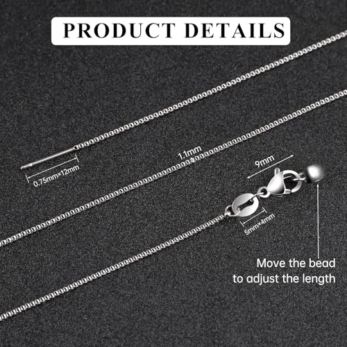 10 Pack Stainless Steel Dainty Box Chain Bulk 20Inch 1.1mm Adjustable Charm Necklace Chains With Rubber Stopper for Jewelry Making - color: Silver Box