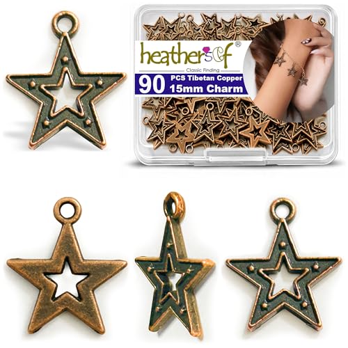 Heather's cf Celestial Beads Moon Charms Pendant Jewelry Making Earrings Necklace Bracelet Kit Findings Jump Rings Lobster Clasp Vintage Finish Plated Non Tarnish Look (Silver Star, 79-150Pcs) - color: Copper Pentagram