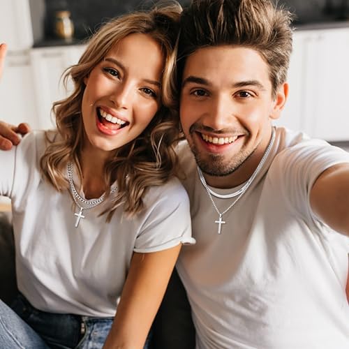 LOYALLOOK 6PCS Silver Chain for Men Women Stainless Steel Cross Chain Layered Cuban Link Figaro Snake Box Chain Cross Pendant Necklace 18-20IN/20-22IN - size: 20inch/22inch
