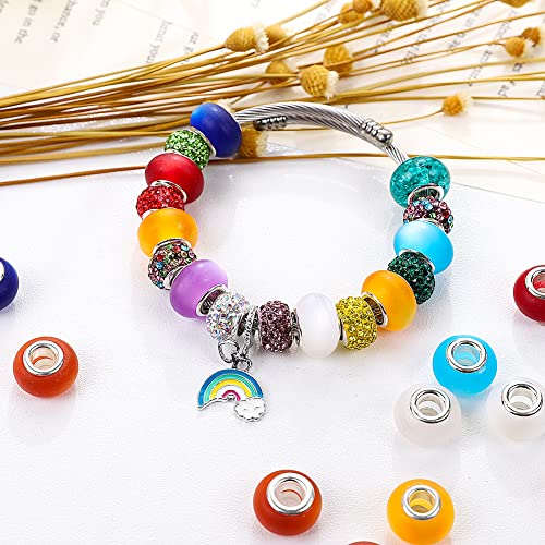 100 Pieces 14mm European Large Hole Spacer Beads Mix Color with Silver Brass Cores Assortments Charm Lampwork Beads Supplies for Necklace Bracelets Jewelry Making (Frosted cat Eye) - color: Frosted cat eye