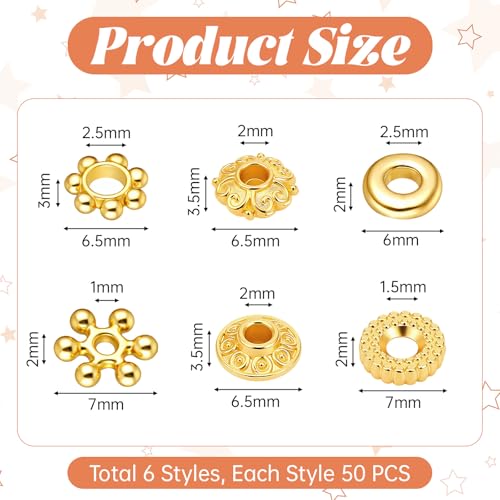 300 Pcs Gold Spacer Beads for Jewelry Making, 6 Styles Zinc Alloy Gold Beads for Bracelets Include Flower Snowflake Donut Bicone Decorative Gold Bracelet Bead for Craft DIY Necklace Earring Supplies