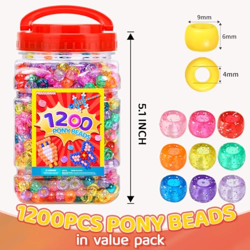 Praisebank Pony Beads, 1200pcs 6x9mm, Wholesale Beads, Bracelets Jewelry Making, Arts & Crafts(Glitter) - color: Glitter, size: Small Size