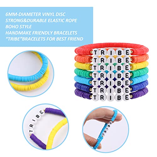 Rainbow Heishi Surfer Bracelets Set for Women Stackable Clay Beaded Bracelets Disc Stretch Preppy Bracelets Layering Colorful Friendship Bracelets Team Cheer Bulk Boho Summer Beach Jewelry Gift - style: TRIBE