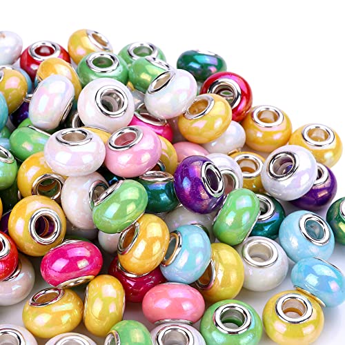 100 Pieces 14mm European Large Hole Spacer Beads Mix Color with Silver Brass Cores Assortments Charm Lampwork Beads Supplies for Necklace Bracelets Jewelry Making (Ceramic Effect) - color: Ceramic effect
