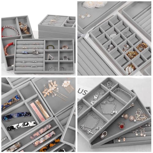 12Pcs Velvet Stackable Jewelry Trays, Jewelry Drawer Organizer, Large Removable Display Jewelry Tray, Necklace Bracelet Storage Box for Earring, Ring, Brooch, Watch (Grey) - color: Grey