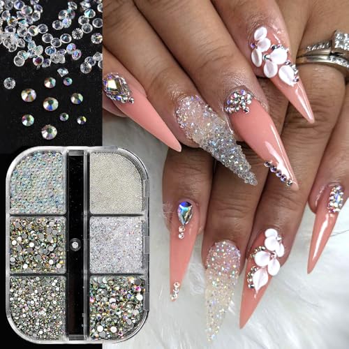 Mixed Sizes Crystal Rhinestones 3D Nail Charms, AB Clear Flat Back Round Gems, Iridescent Micro Pixie Crystals Sugar Glitter Beads Dust for Women Girls Manicure Nails Supplies DIY Crafts Decorations - color: Clear AB 6-grids