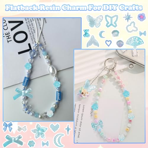 350 Pcs Junk Case Charms Blue 3D Resin ABS Rose Flower Bows Butterfly Charm with Bows Moon Heart Pearls Fun Beads Flatback Resin Charms for Craft DIY - color: color-S6