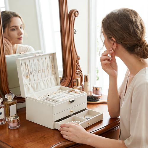 3 Layer Jewelry Box with Lock, Women Large Jewelry Holder Organizer with Drawer for Necklaces, Rings, Bracelets, Earrings, Watches, Valentines Gift for Mom Girl Wife(Creamy-white) - color: Creamy-white