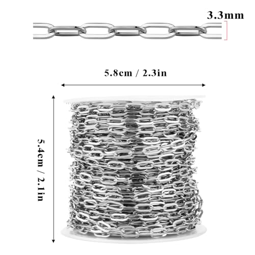 [33 Ft] Stainless Steel Paperclip Chains Roll, 3.3 * 7mm Width 304 Stainless Steel Oval Link Chains Spool Bulk for Jewelry Making - color: 3.3*7mm Width