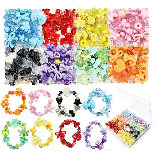 600-650PCS Acrylic Beads for Bracelets Making, 8 Mixed Colors Cute Flower Bow Butterfly Bear Beads Bracelets Charms Necklaces Keychains DIY Crafts