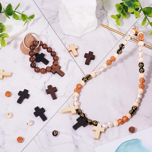 KISSITTY Rosary Making Kit Cross Rosary Beads 8mm Easter Round Wood Acrylic Cross Spacers Cross Pendant Beads for DIY Jewelry Making About 211pcs/box