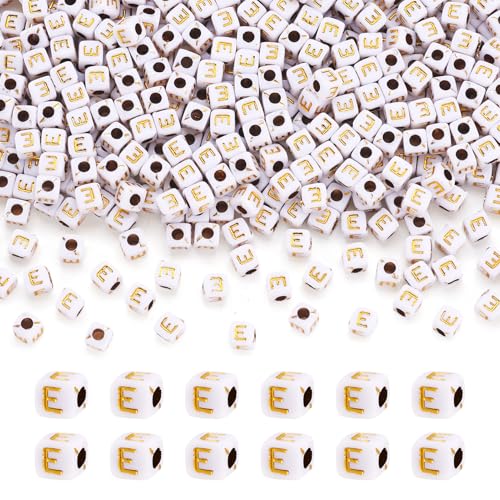 FASHEWELRY 500Pcs White Golden Letter Beads 4.5mm Square Alphabet Beads Acrylic Cube Letter E Beads for Friendship Bracelet Necklace Keychains Jewelry Making - color: Letter E