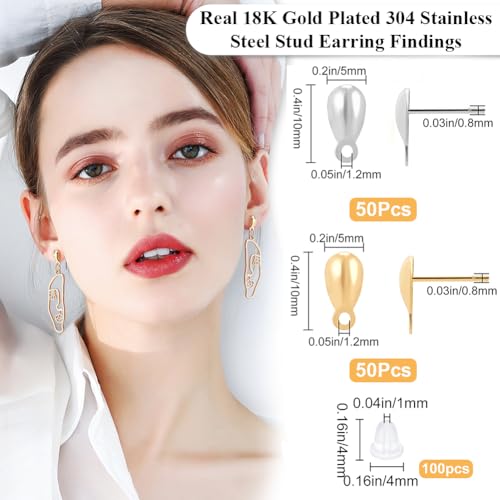 Beebeecraft 1 Box 100Pcs Stud Earring Findings 18K Gold Plated 304 Stainless Steel Teardrop Earrings Studs Findings with Horizontal Loops Ear Nuts for DIY Jewelry Making (Gold, Silver) - color: Gold & Stainless Steel