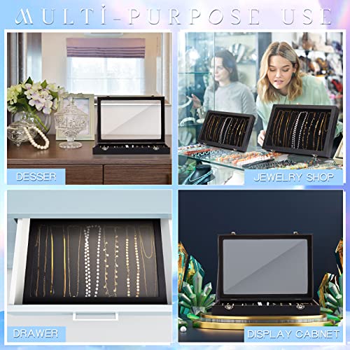 Kenning 2 Pieces Glass Lid Necklace Organizer Box 20 Hooks Necklace Tray Jewelry Holder Organizer Velvet Necklaces Holder Storage Display Case for Show Bracelet