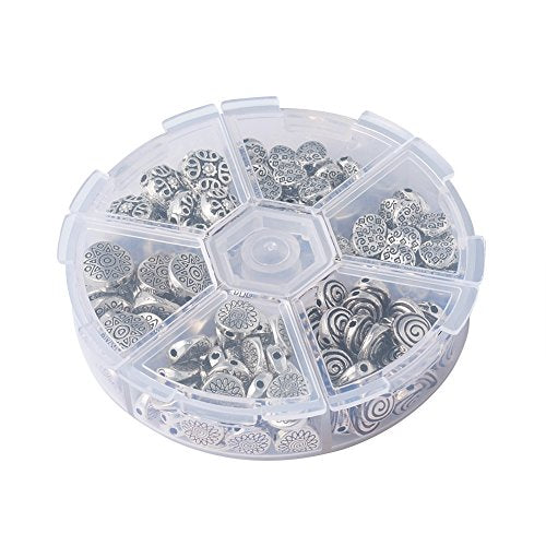 KISSITTY 175pcs/box 5 Styles Tibetan Antique Silver Flat Round Spacer Loose Beads 7mm 8mm 9mm 10mm 11mm Metal Rondelle Disc