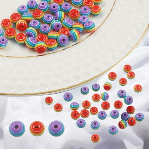 200pcs 8mm Resin Rainbow Beads, Plastic Stripe Multicolor Beads for Jewelry Making, DIY Bracelets, Earrings, Keychains & Craft Projects (Purple) - color: Purple