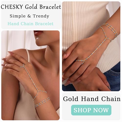 CHESKY 14K Gold Plated Hand Chain Bracelets for Women Set - Dainty Finger Ring Bracelet Stack Adjustable Hand Chains Durable Beaded Bracelets Trendy Simple Body Jewelry Gift for Women - style: 3color bracelet-gd
