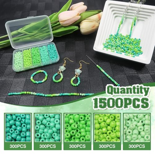 TOAOB 1500pcs 3mm Green Colors Opaque Seed Beads Kit Glass Round Small Spacer Beads with Beading Pin for DIY Beading Weaving Earrings Bracelets Necklaces Eyeglass Chain Art Crafts Jewelry Making - color: Green series
