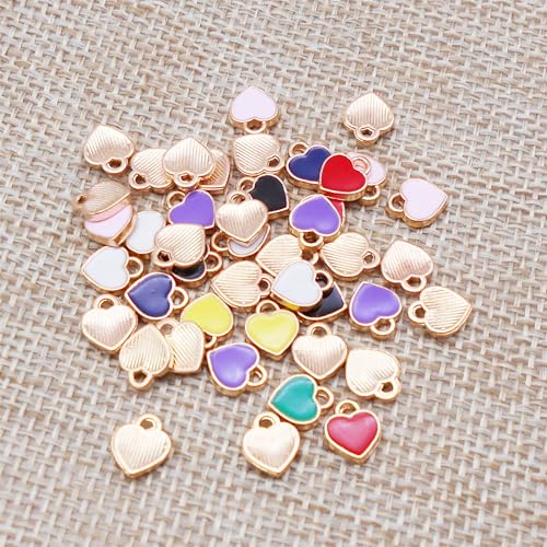 200 pcs Tiny Heart Enamel Charm Gold Plated Alloy Love Pendant Bracelet Earring Keychain Jewelry Crafts 6x8mm - color: Mixed