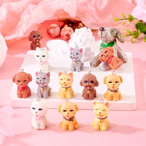Beadthoven 12Pcs Mini Resin Dog Charms, 3D Cute Dog Pendants Cute Cartoon Puppy Pet Animal Resin Dangle Beads with Metal Loop for DIY Earrings Keychain Necklace Jewelry Making Bag Charms Accessory - color: Dog-6 Styles