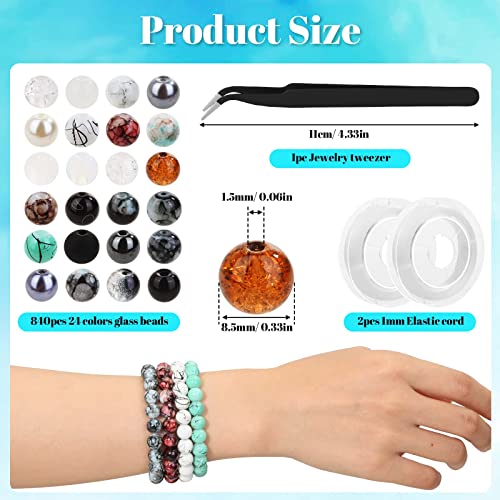 840pcs 8mm Glass Beads - 24 Colors, Round Marble Loose Beads for Men Women Bracelet Earring Necklace Jewelry Making Supplies - color: Black