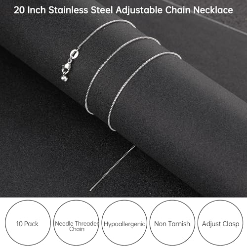 10 Pack Stainless Steel Dainty Box Chain Bulk 20Inch 1.1mm Adjustable Charm Necklace Chains With Rubber Stopper for Jewelry Making - color: Silver Box