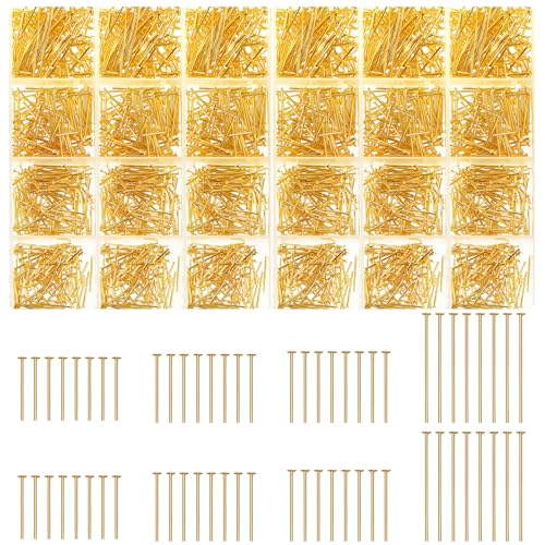 Junkin 2800 Pieces Flat Head Pins for Jewelry Making DIY, Head Pins Set 0.63 Inch, 0.71, 0.79, 1.18 Inch Earring Bracelet Pendant Jewelry Making (Gold) - color: Gold
