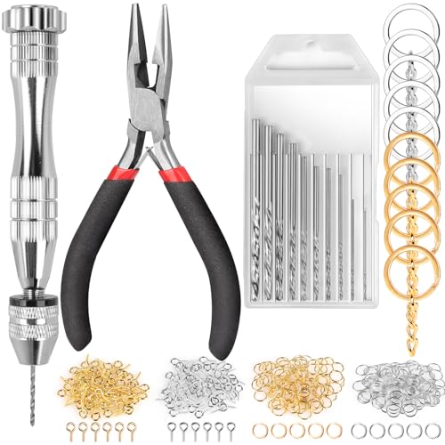 LEOBRO Hand Drill, 222 PCS Pin Vise Hand Drill with Drill Bits(0.8 mm-3 mm), Needle Nose Pliers, Keychain Making Kit, Jewelry Making Supplies, Hand Drill Tools for Jewelry Keychains Making
