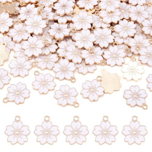 Beadthoven 100pcs Enamel Charms Cherry Blossom Daisy Flower Pendants Gold Plated Small Cute Bulk for Jewelry Making Bracelet Necklace Earrings Keychain DIY Accessories - color: Sakura Flower-White