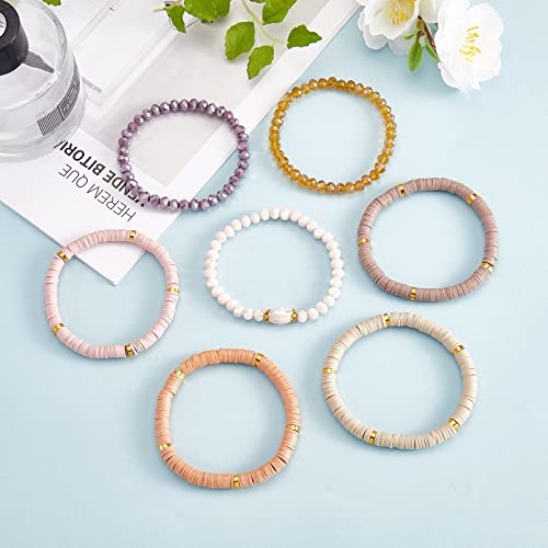 Ornaland 7Pcs Handmade Polymer Clay Heishi Surfer Stretch Bracelets Set Colorful Glass Beads Bracelets Boho Stackable Preppy Bracelets Wrist Jewelry for Women - color: Grayish Yellow