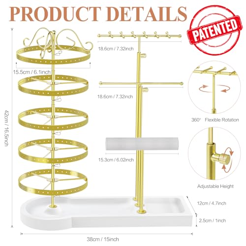 Jewelry Earring Holder Organizer, Adjustable 5 Tiers Rotating Earring Holder 3 Tier Necklace Holder with Wooden Base, Multi-Functional Jewelry Organizer Display Stand for Studs Bracelet Women(Gold) - color: Gold