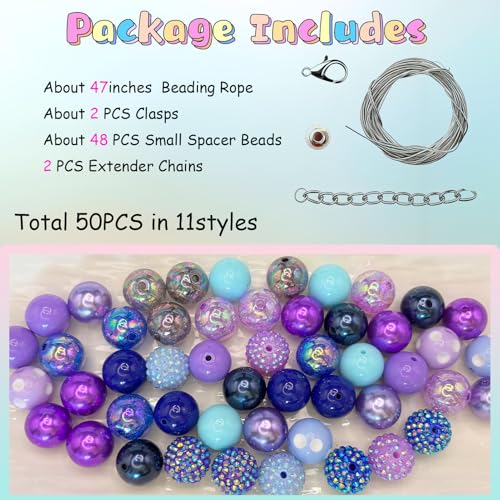 50PCS Bubblegum Beads 20mm，Large Beads for Jewelry Making，Round Circle Chunky Bead for Craft Pen Keychain Bracelets, beadable for Dog cat Collar Necklace (Mixed Blue/Purple) - color: Mixed blue/purple