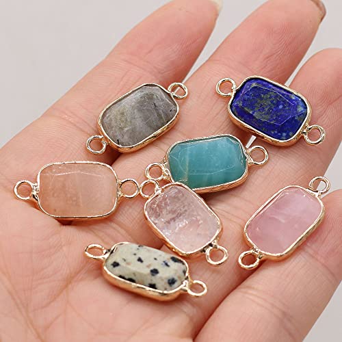 LHJ 7 Pcs Natural Stone Connectors Rectangle Shape Healing Crystal Double Loop Charms for Jewelry Making Necklace Bracelet