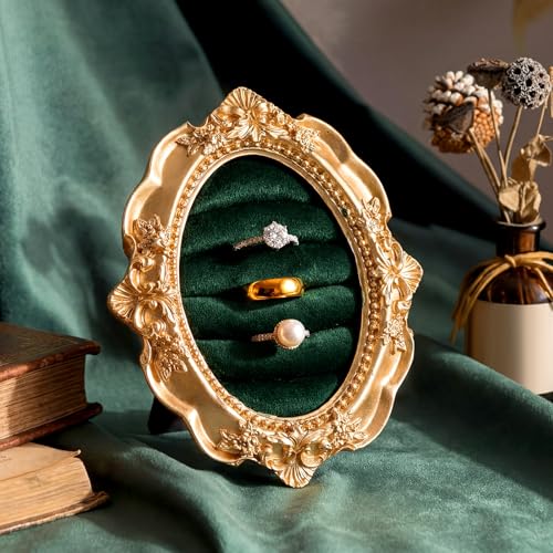 Liliaafar Vintage Ring Holder Round Green Mat Ring Wedding Display Suede Jewelry Box Stand Frame Earring Tray Anniversary Engagement Baroque Organizer Photograph Prop for Women Birthday Gifts - color: Green Mat, style: Round