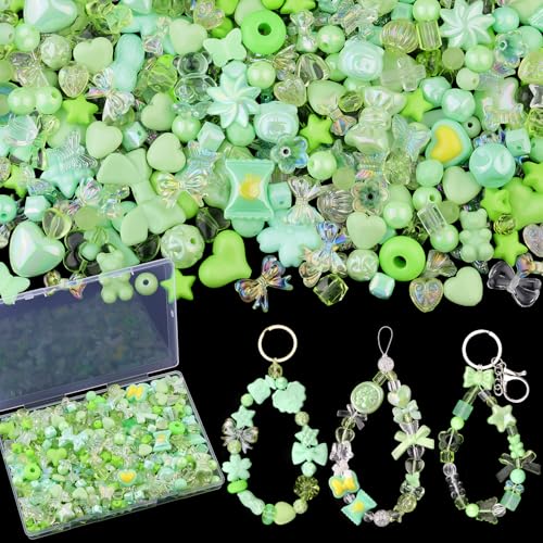 200-260PCS TINKRSTUFF Assorted Acrylic Beads Green Cute Beads for Bracelet Making, Bow Star Aesthetic Flower Butterfly GummyBear Kawaii Charms for Jewelry Necklace Making DIY Keychain Phone Charm - color: Green-150g