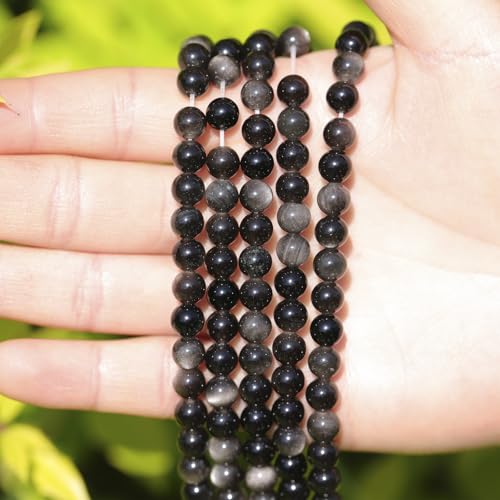 6mm Natural Stone Beads 65pcs Silver Obsidian Polished Round Smooth Crystal Loose Gemstone Beads for Jewelry Making DIY Bracelet Necklace Earring Crafts Supplies - color: Silver Obsidian 6mm-65pcs