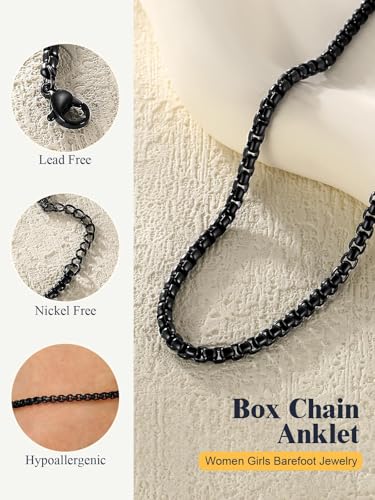 U7 Women Girls Barefoot Jewelry 18K Gold or Rose Gold Stainless Steel Heart/Rope/Figaro/Cuban Chain Anklet Foot Bracelet, 25-30 CM Long - color: Black-3mm-Box Chain