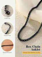 U7 Women Girls Barefoot Jewelry 18K Gold or Rose Gold Stainless Steel Heart/Rope/Figaro/Cuban Chain Anklet Foot Bracelet, 25-30 CM Long - color: Black-3mm-Box Chain