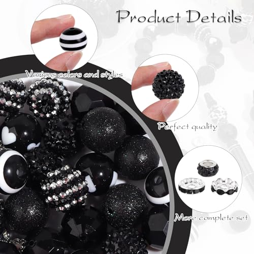 35 Pcs Chunky Bubblegum Beads 20mm Focal Pen Large Rhinestone Pearl Bead with Rhinestone Large Hole European Spacer Bead for DIY Beadable Pen Jewelry Making Keychain Craft Making(Black) - color: Black