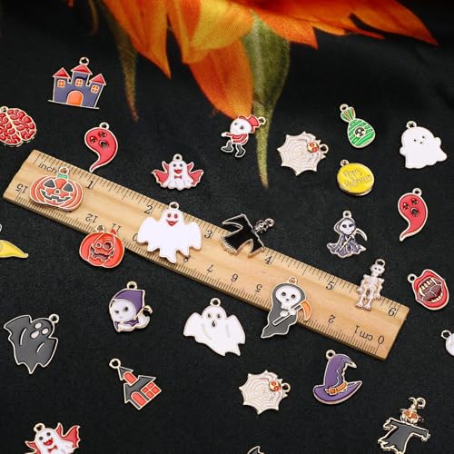 MARFOREVER 120 PCS Halloween Charms for Jewelry Making, Assorted Halloween Ghost Skeleton Bat Witch Pumpkin Skull Enamel Charm Pendants for Bracelet Necklace Earrings Making DIY Crafts Gifts - style: Halloween
