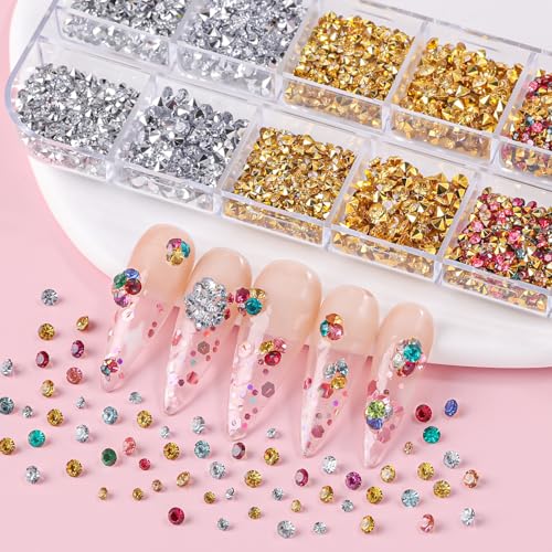 4200 Pcs Nail Art Rhinestones Kit,2-3mm Shiny Gold/Silver/Mixed Colors Rhinestones,3D Pointed Bottom Nail Gems with Tweezers and Dual-end Brush for Manicure DIY Crafts Face Makeup(26-K1-pointed-GS) - color: 26-K1-pointed-GS
