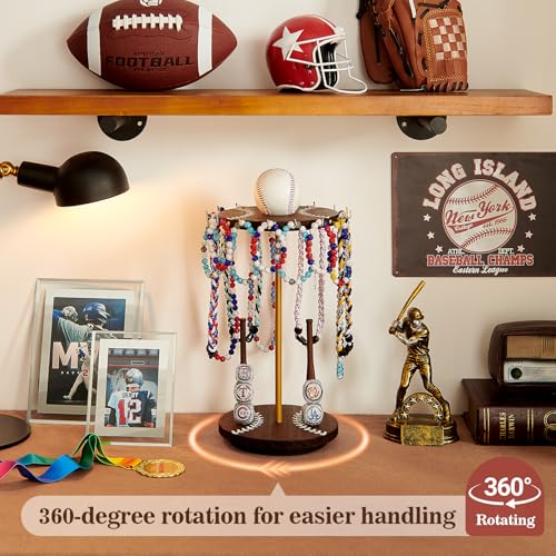 Pinzoveco Baseball Drip Necklace Organizer Holder,Rotating Baseball Display Stand with 14 Hooks, Championship Ring Display Holder, 360° Drip Necklace Championship Ring Holder Baseball Gifts - color: Carbonized Brown