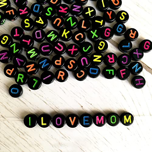 Amaney 1000pcs Alphabet Beads 4x7mm Round Letter Beads Black Acrylic with Colorful Letter for Jewelry Making - color: Black&colorful