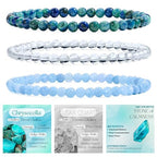 Bivei 3-Piece 4mm Beaded Bracelets for Women Handmade Natural Crystal Stretch Elastic Jewelry Yoga Meditation Protection Gifts - color: Chrysocolla + Clear Quartz + Aquamarine, size: 4mm