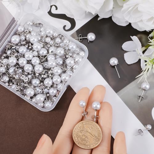 1 Box 120Pcs Pearl Earring Stud Findings Pearl Earring Posts Silver Hypoallergenic Metal with Ear Nuts Back Loop and Imitation Beads Ear Studs for Jewelry Making DIY Crafts Supplies Women - color: Silver