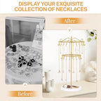 iDavosic.ly 2 Tier Rotating Necklace Holder Organizer with 42 Hooks, Adjustable Metal Bracelet Display Stand Rack, Extra Tall Keychain Spinning Tree Tower for Women, Wooden Base | White & Gold - color: White with Wooden Tray