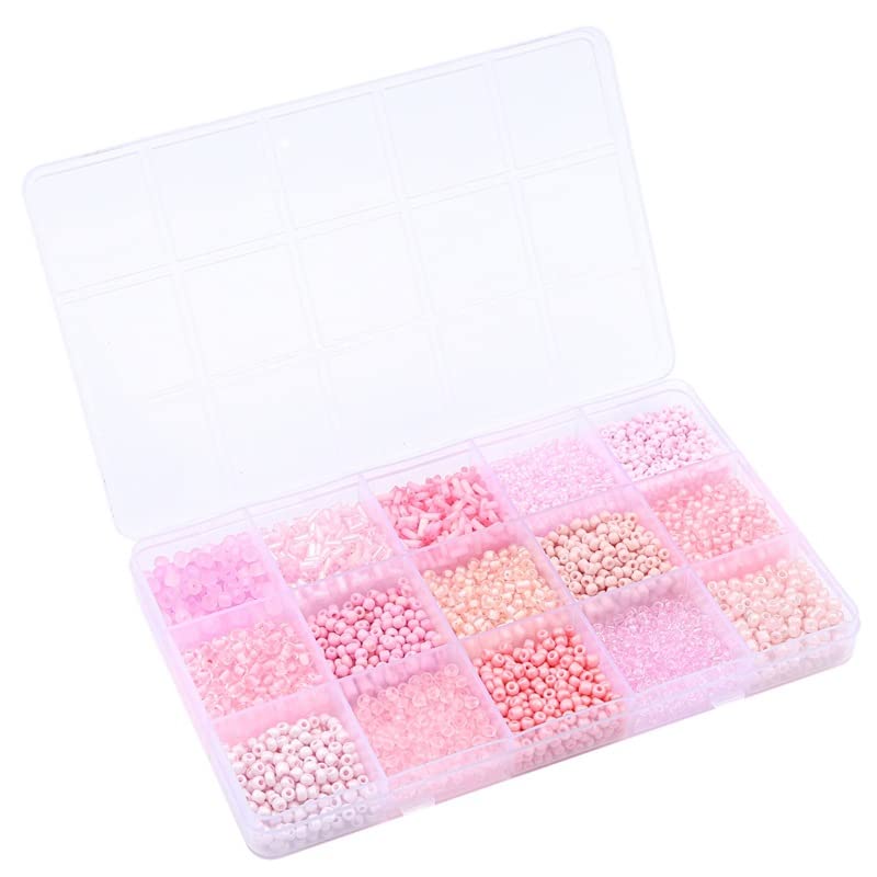 Mix 15 Color Glass Seed Tube Beads Glass Bugle Beads Loose Kit for Jewelry Making DIY Craft Beading (Mix 15 Color, Pink) - color: Pink