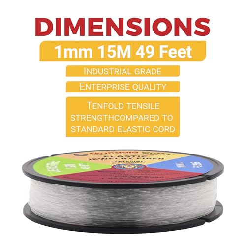 Mandala Crafts Very Strong 1mm Elastic String for Jewelry Making - 49 FT Heavy Duty Round Stretchy Clear String Jewelry Fiber Elastic Cord Spool for Decorative Threading Applications - size: 1mm 15M 49 Feet