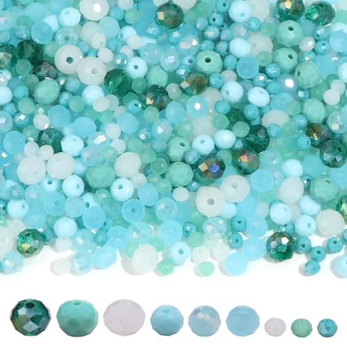 900PCS 4/6/8 mm Assorted Faceted Crystal Glass Beads Set with Fixed Quantity for Each Color for Bracelets Necklaces Earrings Cell Phone Chains Women Jewelry Making,Blue-Green - color: Blue-green